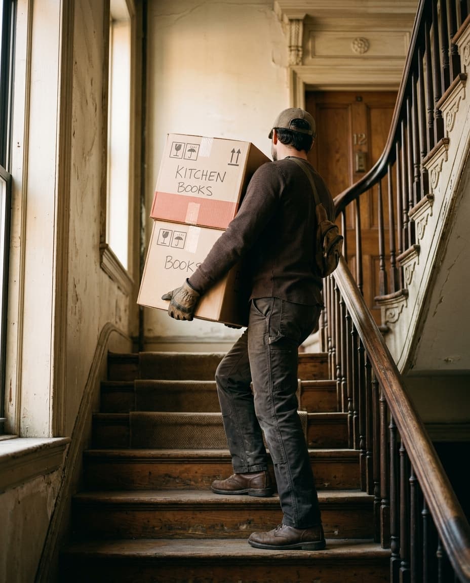 Markus Lange trägt beim Umzug behutsam Kartons die Treppe hinauf