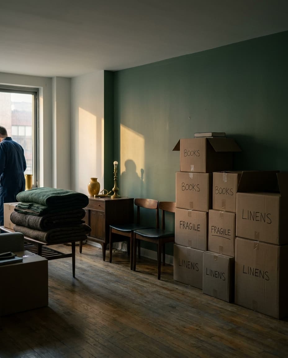 Beschriftete Umzugskisten in einer aufzulösenden Wohnung