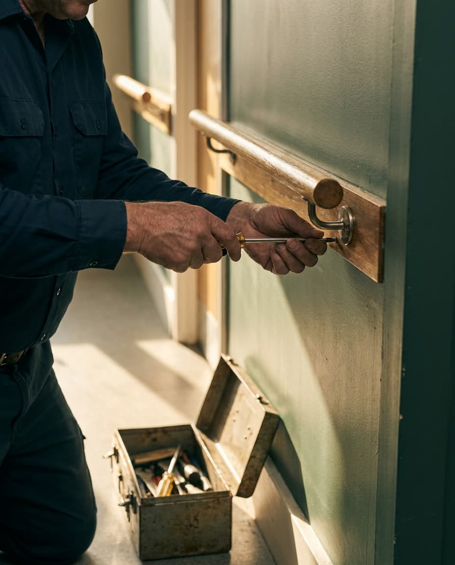 Handwerker montiert konzentriert einen hölzernen Haltegriff an eine Wand