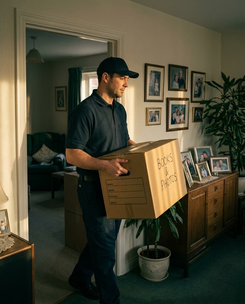 Umzugshelfer trägt vorsichtig eine Kiste durch eine Wohnung