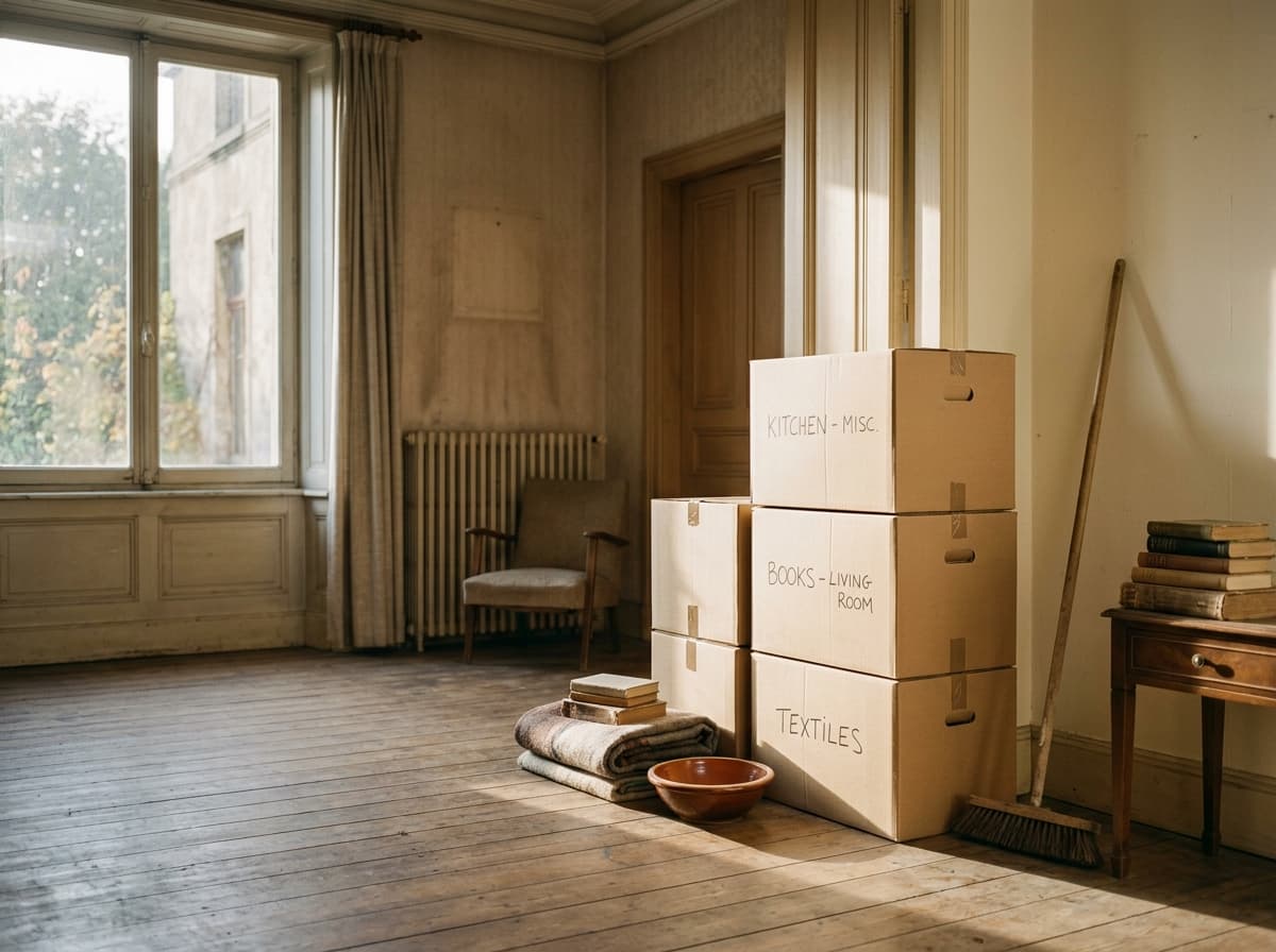 Halb geräumtes Zimmer mit sauber gestapelten Umzugskartons