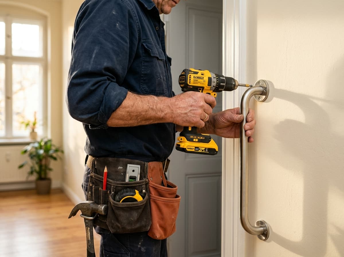 Handwerker montiert einen Haltegriff neben einer Tür