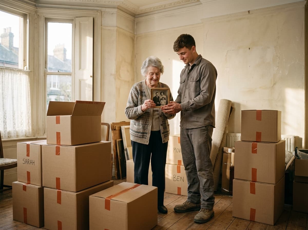 Mover hilft einer älteren Dame behutsam beim Umzug zwischen gepackten Kartons